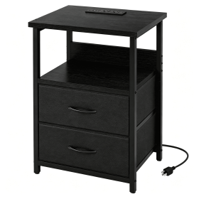 RGB LED Nightstand with Charging Station, 2 Fabric Drawers, Black End Table with Power Outlets & USB Ports for Bedroom