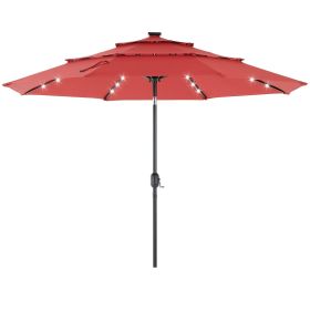 10ft 3-Tier Solar LED Patio Umbrella with Tilt Adjustment and UV-Resistant Polyester Fabric, Outdoor Market Umbrella, Red