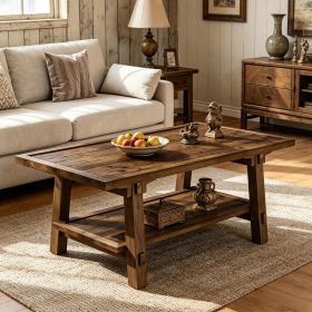 Wood Coffee Table 47" Rectangle Center Table with 2-Tier Shelves Living Room Furniture Rustic Industrial Style