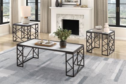 Occasional 3pc Tables Set Tempered Glass Top Coffee Table and End Tables Black Metal Frame Living Room Furniture