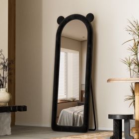 63"x24" Arched Full Length Mirror with Flannel Frame Decorative Round Edge Floor Mirror with Bear Ears, Black