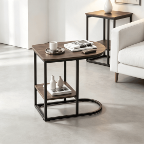 Modern C-Shaped Sofa Side Table with Faux Marble Tabletop And Storage Shelf Home Decor Coffee Table Living Room Furniture