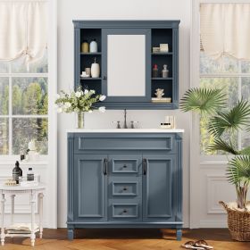 36'' Bathroom Vanity with Top Sink, Royal Blue Mirror Cabinet, Modern Bathroom Storage Cabinet with 2 Soft Closing Doors, Single Sink Bathroom Va