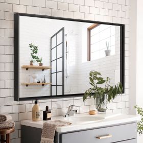 Glossy Black Bathroom Mirrors For Wall 48x30inch Wall Mounted Hanging Plates Mirror Farmhouse Mirror Modern Metal Framed Rectangular Mirror