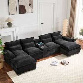 123*55"Modern U-shaped Sectional Sofa with Console,Cup Holders and USB Charger,6 Seat Upholstered Symmetrical Indoor Furniture