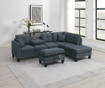 Living Room Furniture 3-PCS Sectional Sofa Set LAF Sofa RAF Chaise And Storage Ottoman Cup Holder Charcoal Color Linen-Like Fabric Couch (Color: as Pic)