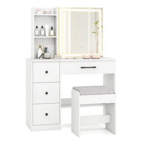 White Vanity Desk And Stool Set With Sliding Mirror & 3-Mode LED Light Strip, Anti-Toppling Dressing Table With Ample Storage (Option: defaulttitle)