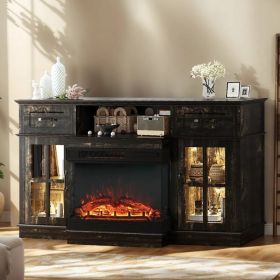 58-inch Black Gold Oak Electric Fireplace TV Stand - 2 Doors, 2 Drawers & Display Shelf With Lattice Glass, Compatible With 24' 3-Sided Glass Ins (Option: defaulttitle)